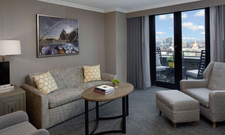 Living area and balcony at Hyatt Regency Boston.