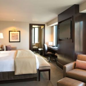 Day use room with sofa and work desk at Hyatt Regency Boston.