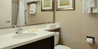 Guest bathroom with showers and free toiletries at Holiday Inn Conference Center Edmonton South.