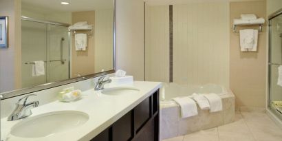 Guest bathroom with shower and hot tub at Holiday Inn Conference Center Edmonton South.