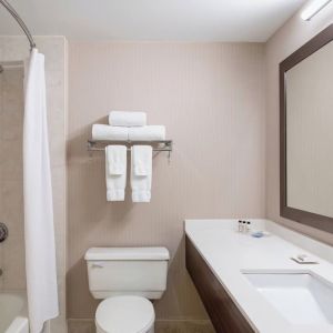 Guest bathroom with shower and tub at Delta St. John's Hotel & Conference Center.