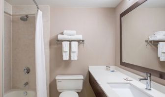 Guest bathroom with shower and tub at Delta St. John's Hotel & Conference Center.