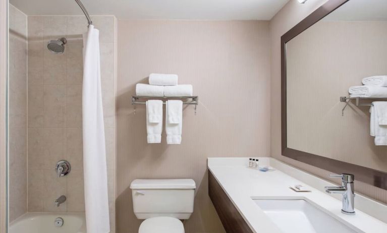 Guest bathroom with shower and tub at Delta St. John's Hotel & Conference Center.