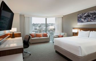 Day use room with sofas and work desk at Delta St. John's Hotel & Conference Center.