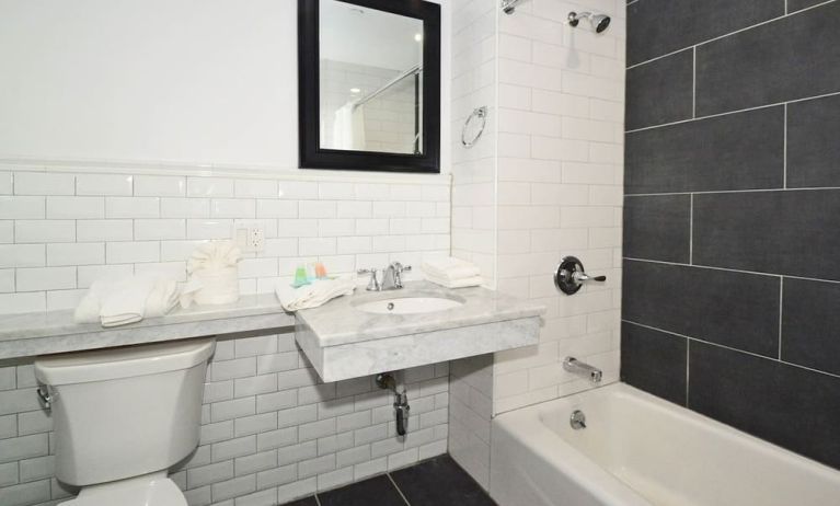 Guest bathroom with shower and tub at Bogart Hotel.