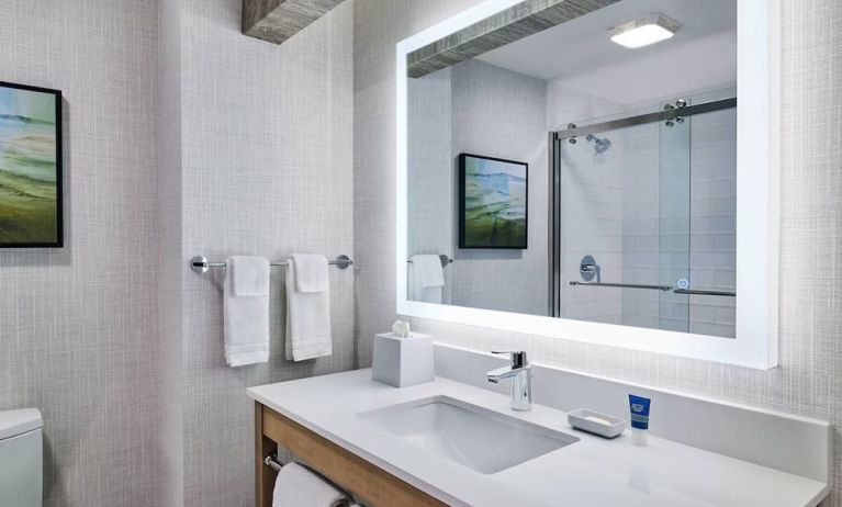 Guest bathroom with shower at Four Points By Sheraton Salt Lake City Airport.