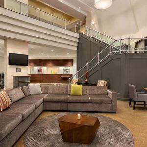 Lobby and coworking lounge at Crowne Plaza Englewood.