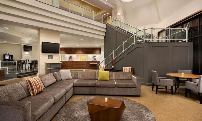 Lobby and coworking lounge at Crowne Plaza Englewood.