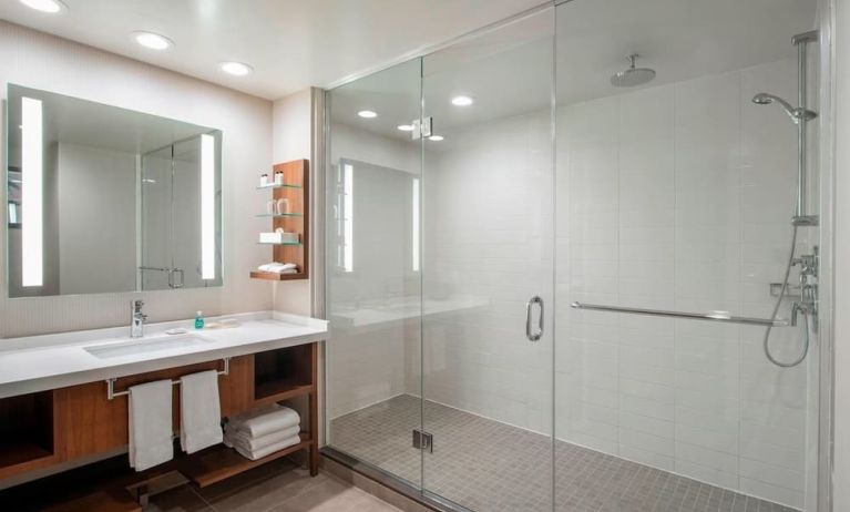 Guest bathroom with shower and free toiletries at Delta Hotel By Marriott Regina.