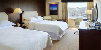 Bright day use twin room with work desk at Sheraton Hotel Newfoundland.