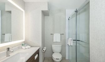 Guest bathroom with shower and free toiletries at Holiday Inn Express & Suites Medicine Hat.