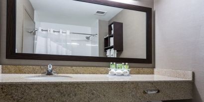 Guest bathroom with shower at Holiday Inn Express & Suites Naples Downtown - 5th Avenue.