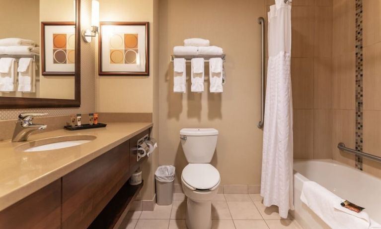 Guest bathroom with tub and shower at Kanata Kelowna And Conference Centre.