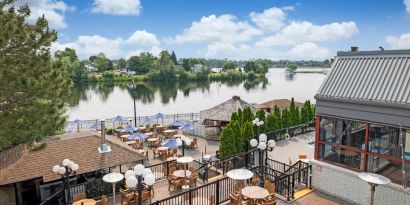 Beautiful hotel terrace with lounge sitting at Holiday Inn Peterborough-Waterfront.