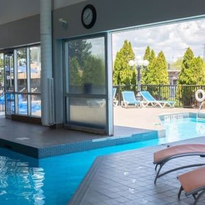 Combined indoor and outdoor pool at Holiday Inn Peterborough-Waterfront.