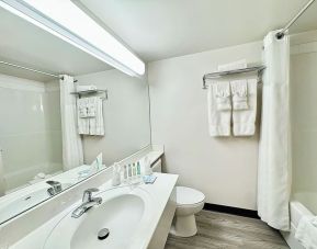 Guest bathroom with shower and tub at Divya Sutra Plaza & Conference Centre.