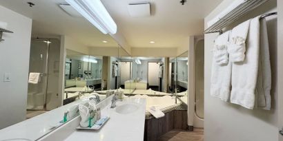 Guest bathroom with hot tub at Divya Sutra Plaza & Conference Centre.
