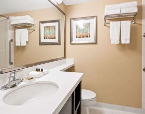 Guest bathroom with shower and tub at Best Western Plus Winnipeg Airport.