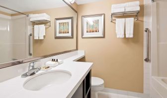 Guest bathroom with shower and tub at Best Western Plus Winnipeg Airport.