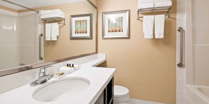 Guest bathroom with shower and tub at Best Western Plus Winnipeg Airport.