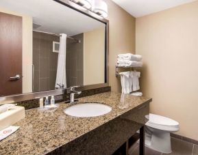 Guest bathroom with shower at Quality Inn Hotel Medicine Hat.