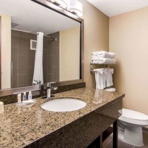 Guest bathroom with shower at Quality Inn Hotel Medicine Hat.