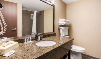 Guest bathroom with shower at Quality Inn Hotel Medicine Hat.