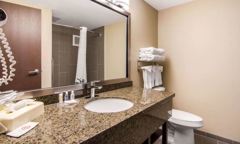 Guest bathroom with shower at Quality Inn Hotel Medicine Hat.