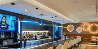 Stylish hotel bar with lounge area at Atlantica Hotel Halifax.