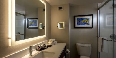 Guest bathroom with shower and free toiletries at Atlantica Hotel Halifax.