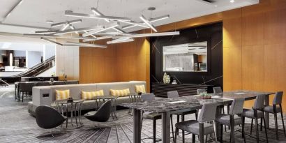 Lobby and coworking lounge at Crystal Gateway Marriott.