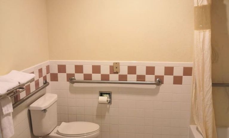 Guest bathroom with shower and tub at Scottish Inn & Suites.