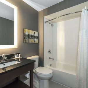 Guest bathroom with shower and tub at Comfort Inn Fredericton.