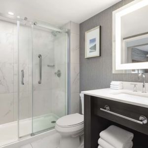 Guest bathroom with shower and free toiletries at Embassy Suites By Hilton Toronto Airport.