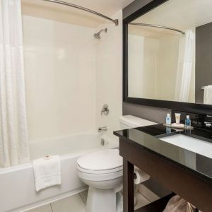 Guest bathroom with tub and free toiletries at Comfort Inn Sault Ste. Marie.