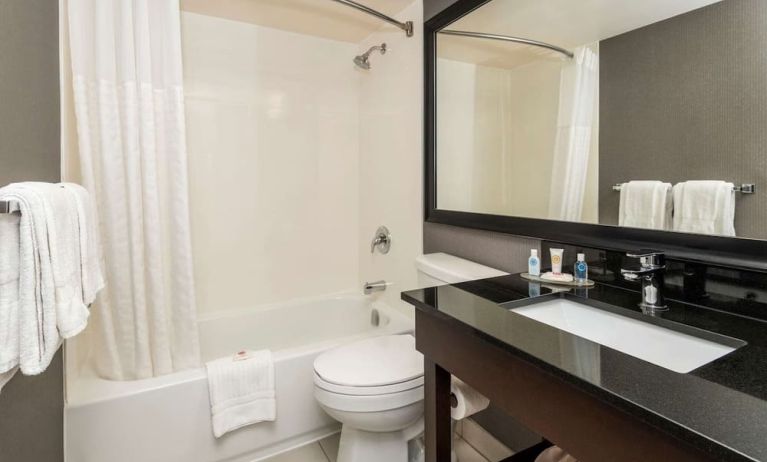 Guest bathroom with tub and free toiletries at Comfort Inn Sault Ste. Marie.