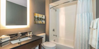 Guest bathroom with shower and tub at Comfort Inn Winnipeg Airport.