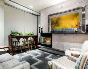 Lobby and coworking lounge at Hilton Garden Inn New York/West 35th Street.