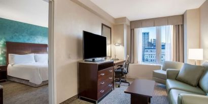 Day use room with living area at Hilton Garden Inn New York/West 35th Street.