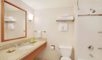 Guest bathroom with shower and tub at Hilton Seattle Airport & Conference Center.