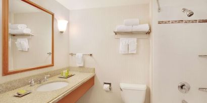 Guest bathroom with shower and tub at Hilton Seattle Airport & Conference Center.