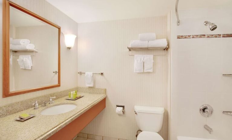 Guest bathroom with shower and tub at Hilton Seattle Airport & Conference Center.