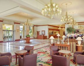 Lobby and coworking lounge at Hilton Seattle Airport & Conference Center.