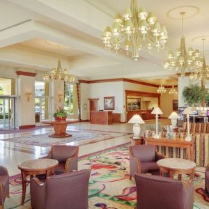 Lobby and coworking lounge at Hilton Seattle Airport & Conference Center.