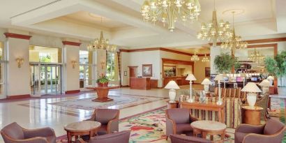 Lobby and coworking lounge at Hilton Seattle Airport & Conference Center.