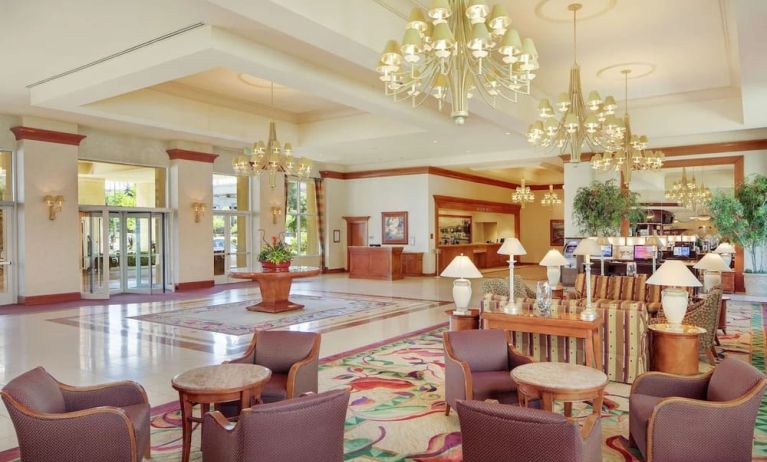 Lobby and coworking lounge at Hilton Seattle Airport & Conference Center.