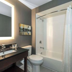 Guest bathroom with shower and tub at Comfort Inn Charlottetown.