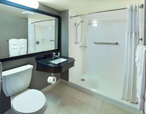 Guest bathroom with shower and free toiletries at Comfort Inn Moncton Magnetic Hill.