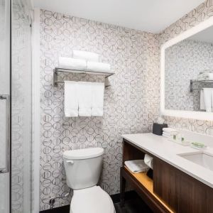 Guest bathroom with shower and free toiletries at Holiday Inn Toronto Airport East.