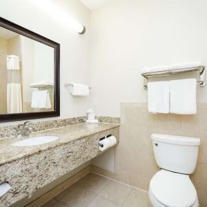 Guest bathroom with shower at Best Western Sugar Land Inn.